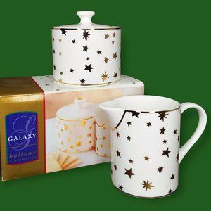 NEW Vtg Galaxy By Sakura Holiday Dinnerware Sugar & Creamer Set 14Kt Gold Stars